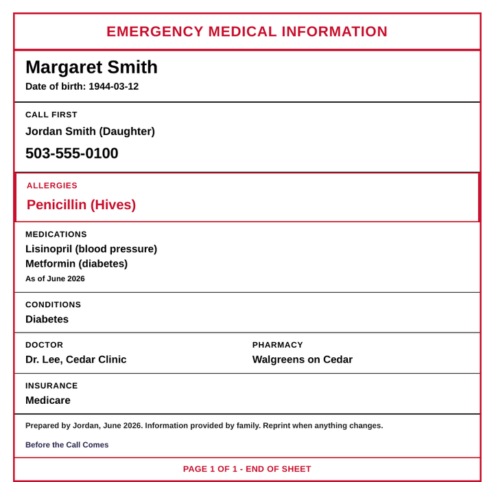 Sample emergency information sheet in the red-and-white style responders recognize, filled in with example details